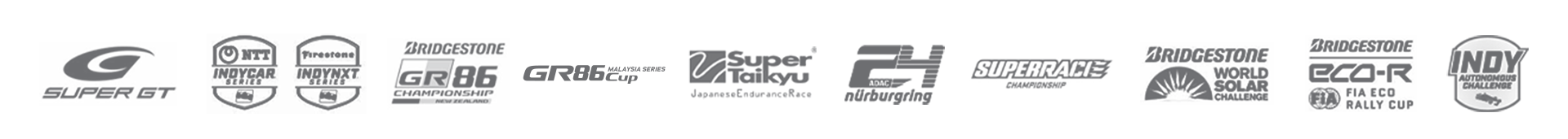 Logos of Super GT, Indycar Series, IndyNxt series, Bridgestone GR86 Championship, GR86 Cup, Super Taikyu, 24he Nurburgring, Superrace, Bridgestone Worlds Solar Challenge, Eco-R Rally Cup, and Indy Autonomous Challenge