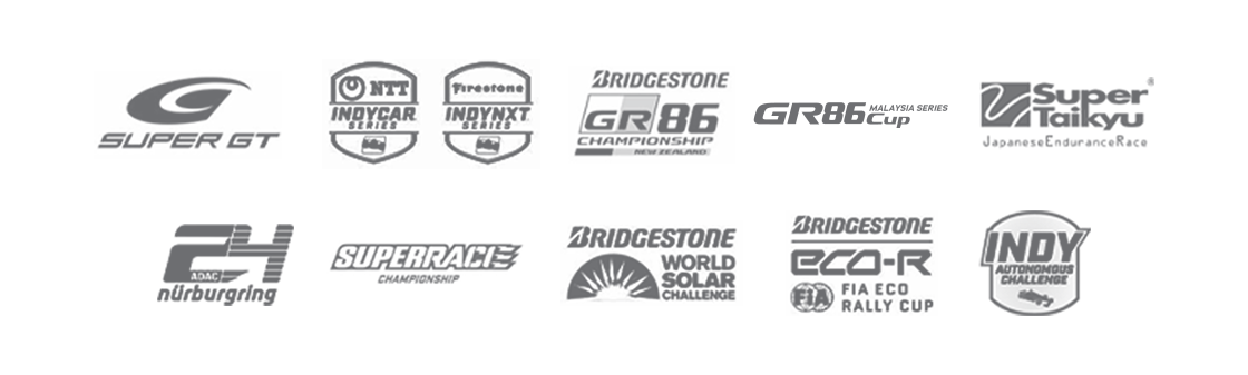 Logos of Super GT, Indycar Series, IndyNxt series, Bridgestone GR86 Championship, GR86 Cup, Super Taikyu, 24he Nurburgring, Superrace, Bridgestone Worlds Solar Challenge, Eco-R Rally Cup, and Indy Autonomous Challenge